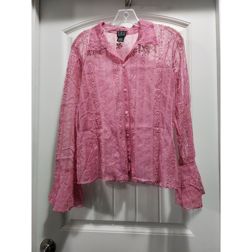 INC Petite Pink Sheer Mesh Embroidered Bell Sleeve Blouse Large